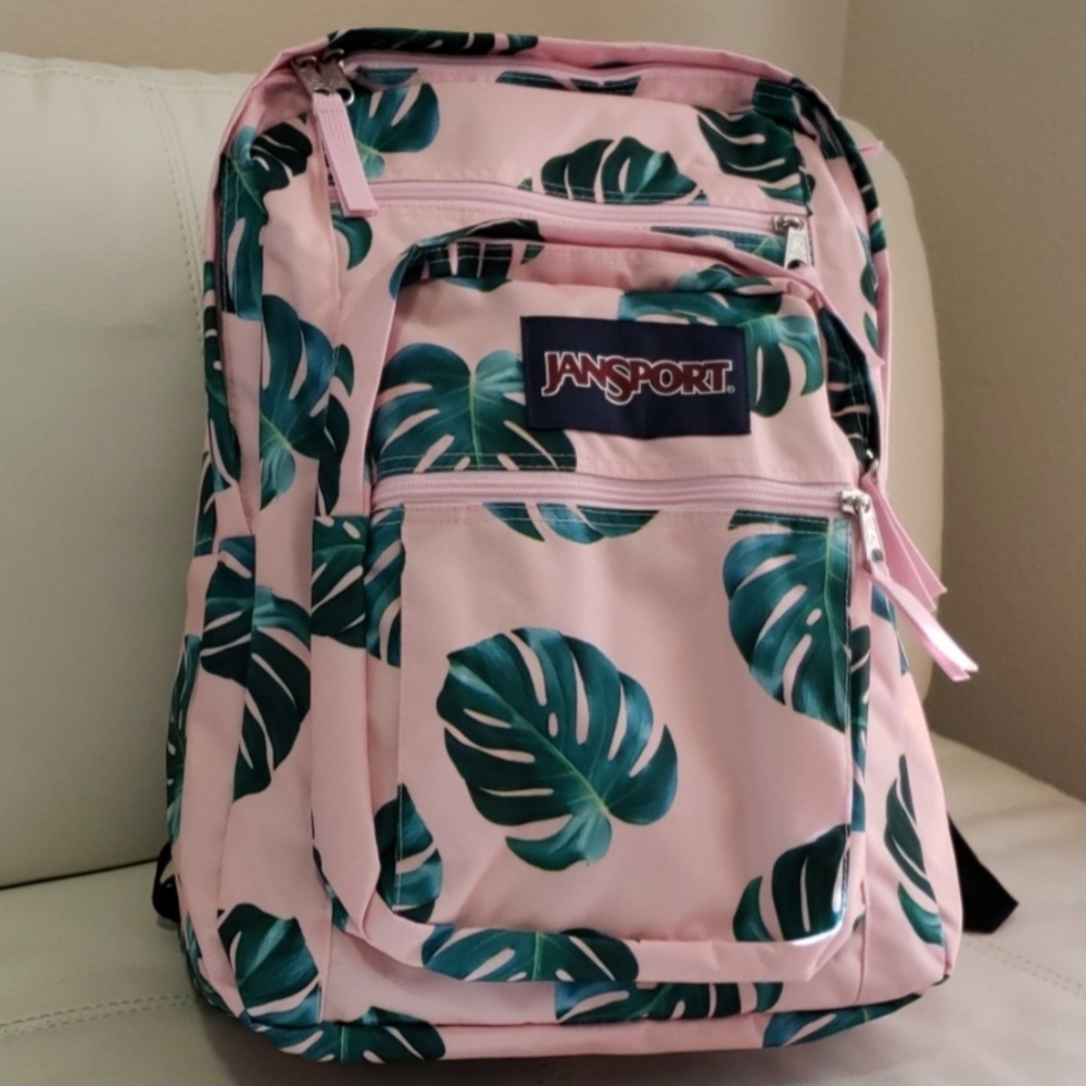 Jansport Pink Big Student Backpack with Leaf Pattern